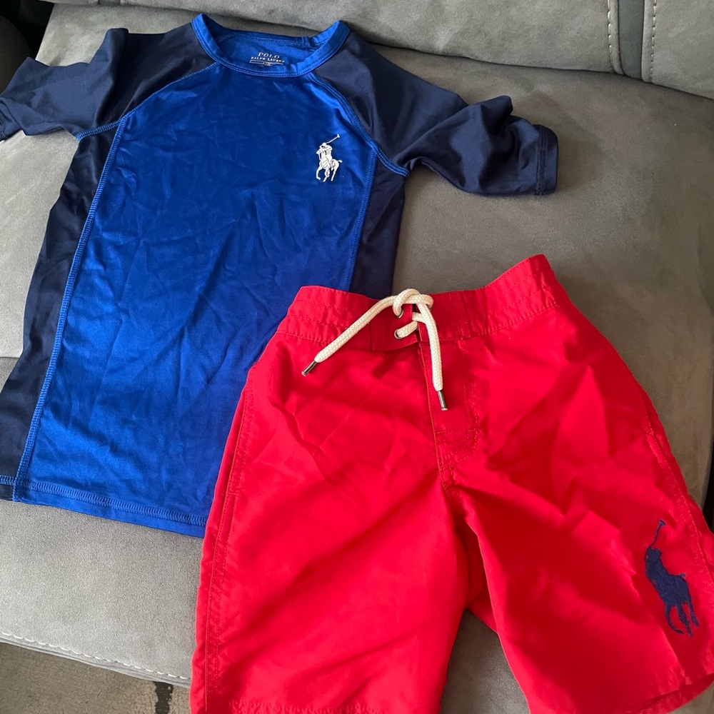 Polo by Ralph Lauren Blue and Red Rashguard Swim Set
